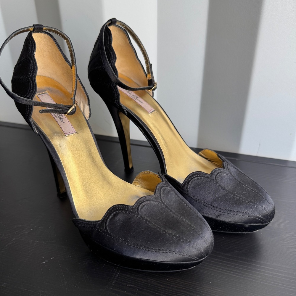 Ted Baker Platform Heels 8 Black Satin Scalloped Ankle Strap Gold Sole Pumps